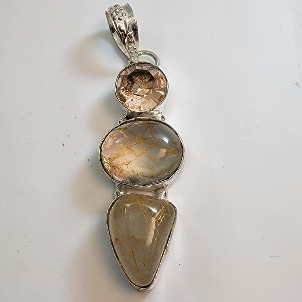 Necklace Pendants Rutilated Quartz & Smoky Quartz in Handmade Sterling Silver